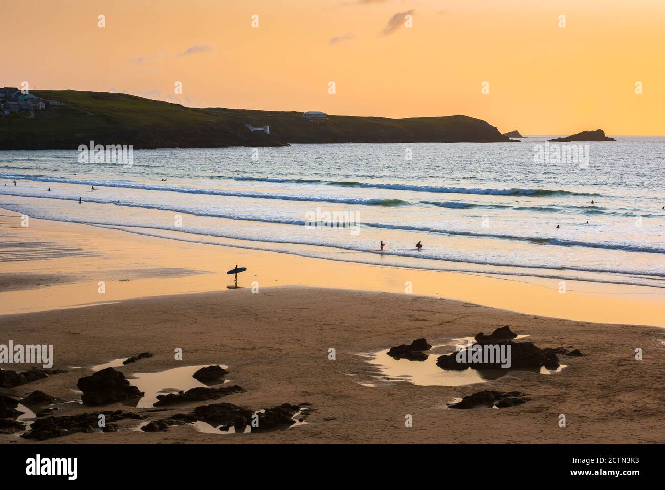 Cornwall traditional beach, view at sunset of Fistral Beach near Newquay in Cornwall, south west England, UK Stock Photo