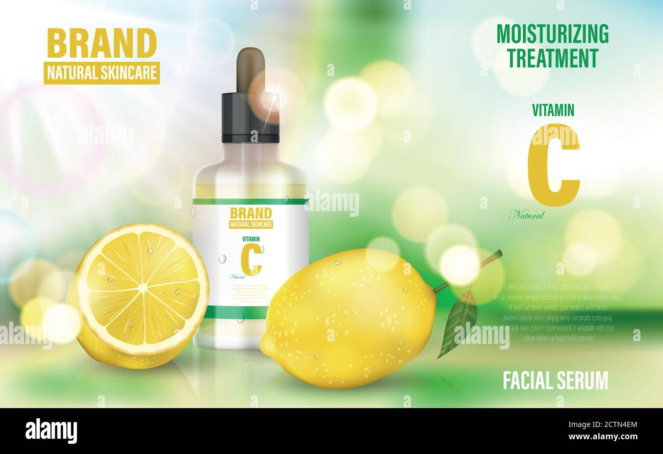 Cosmetic poster ad. Realistic glass jar serum on bokeh background with vitamin C and lemon. Face skin care banner. Realistic 3d illustration. Stock Vector
