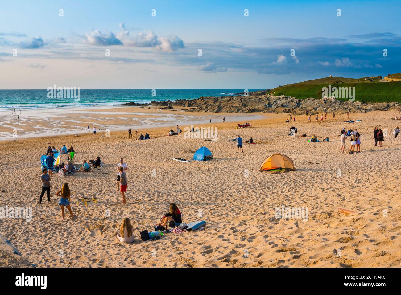 Fistral Beach Cornwall, view on a summer evening of people relaxing on Fistral Beach near Newquay in Cornwall, south west England, UK Stock Photo