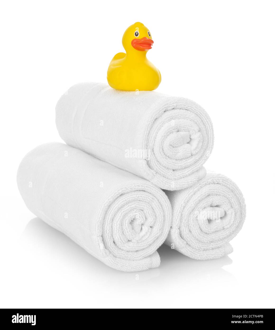 Rubber duck on white towels, isolated on white Stock Photo Alamy
