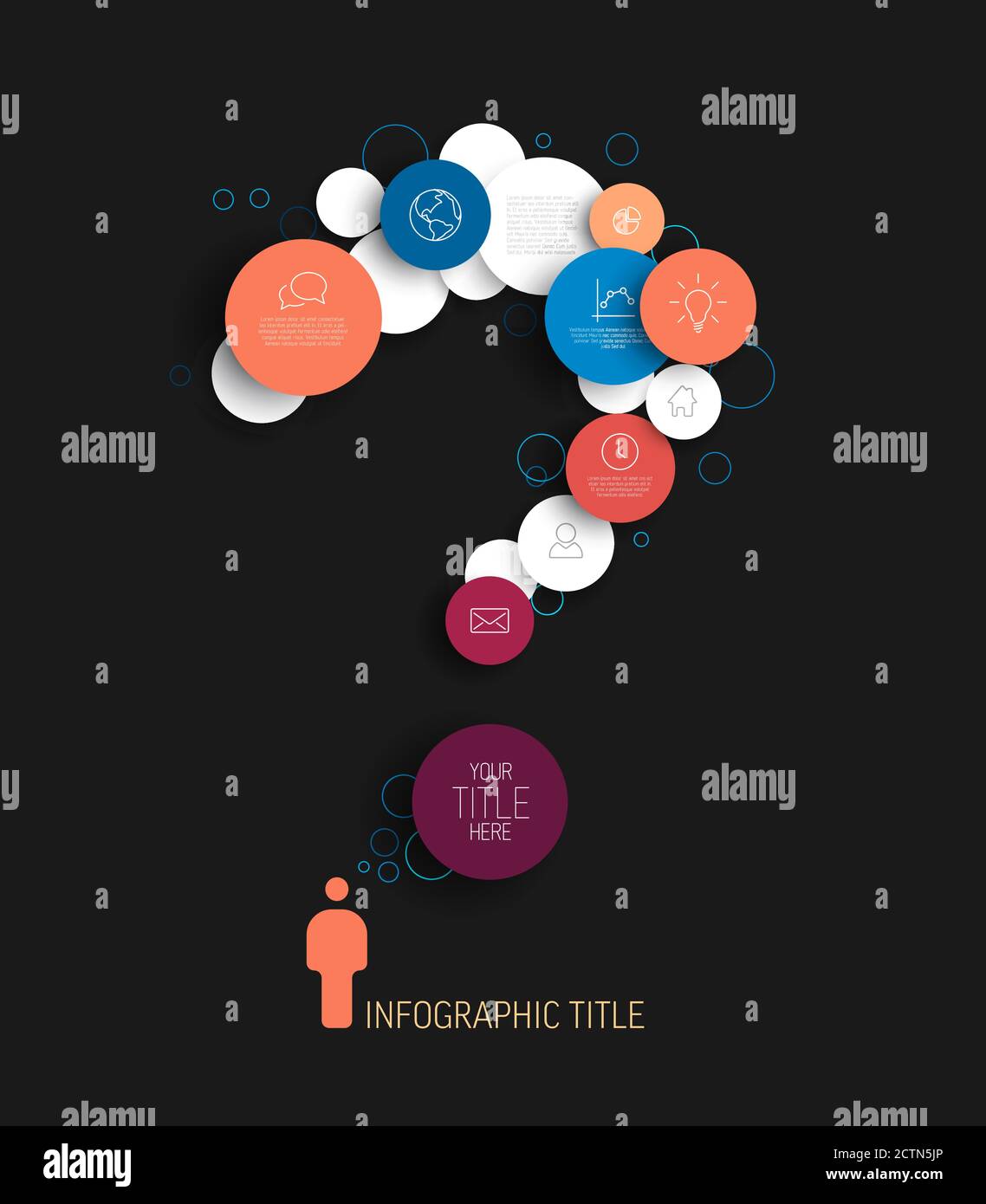 Dark vector abstract circles illustration / infographic template with place for your content - question mark made from blue and red content circles Stock Vector