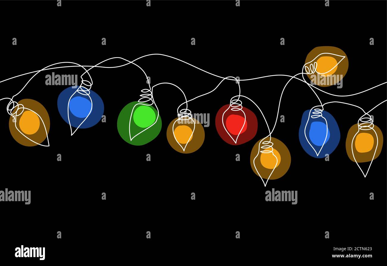 Color garland string, festoon. Glowing christmas lights, festive decorations on black background