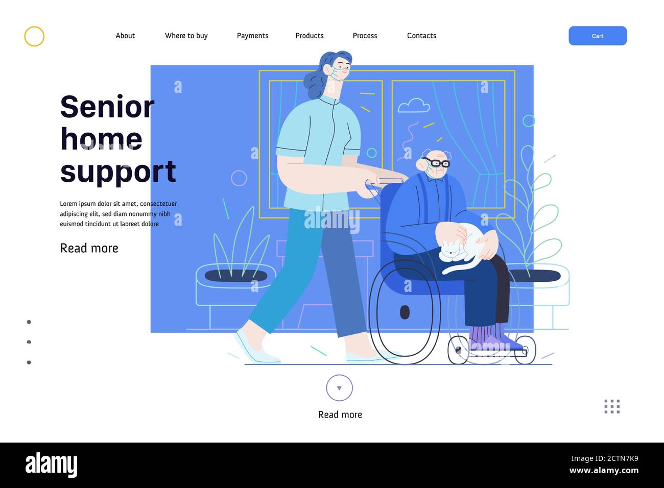 Medical insurance - senior home support - modern flat vector concept digital illustration -a nurse rolling a wheel chair with a senior patient at his Stock Vector