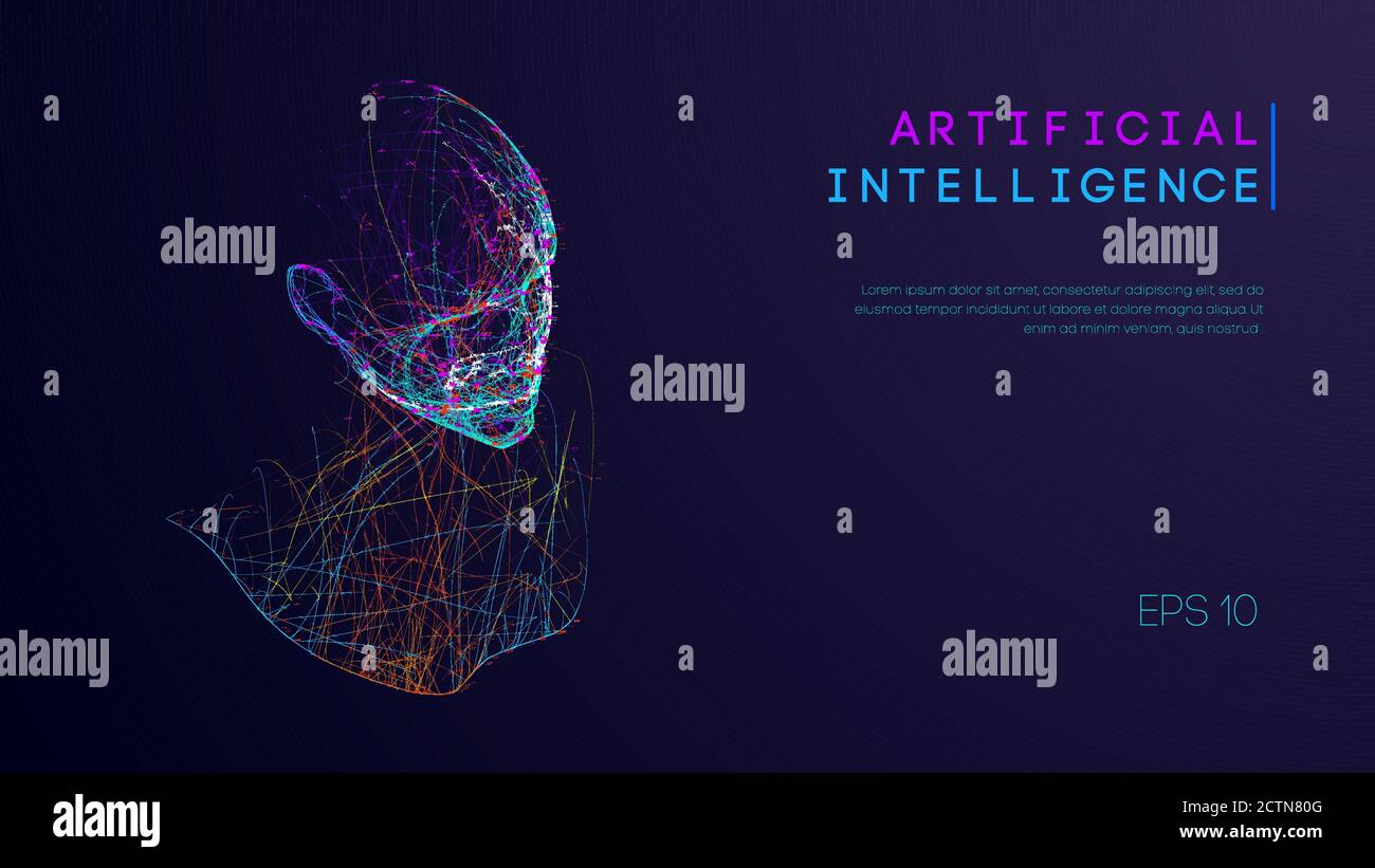 Ai digital brain. Artificial intelligence concept. Human head in robot digital computer interpretation. Wireframe head concept. Stock Vector