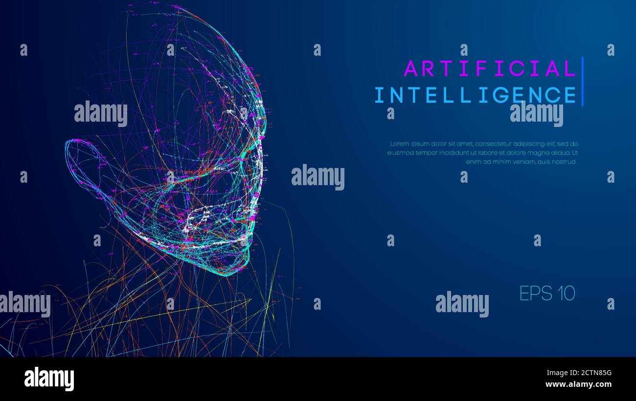 Ai digital brain. Artificial intelligence concept. Human head in robot digital computer interpretation. Wireframe head concept. Stock Vector
