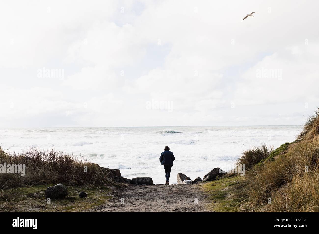 Back view of anonymous male tourist walking along beach towards stormy sea on cloudy day Stock Photo