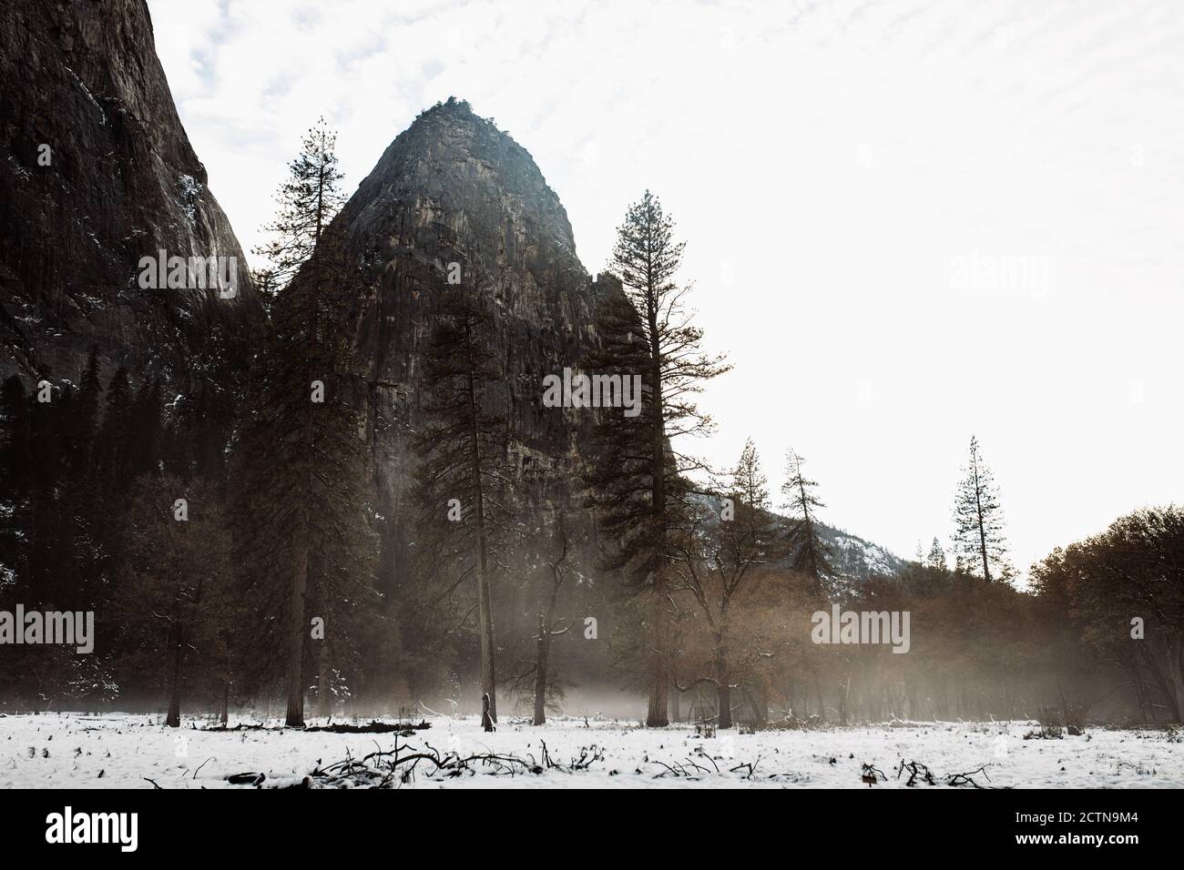 Breathtaking scenery of blizzard in winter in highland area on background of gray sky Stock Photo