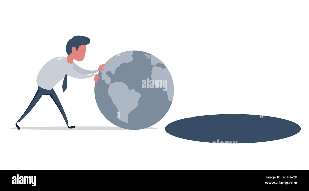 Businessman pushing planet Earth into the abyss. Man pushes the planet earth. Shades of gray. Stock Vector