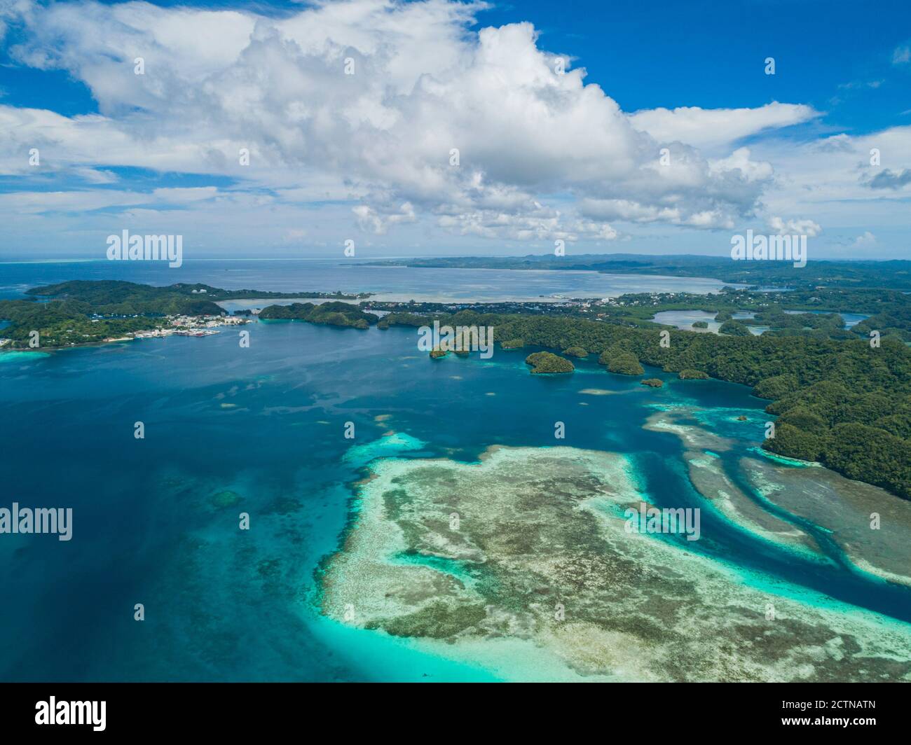 High aerial views of tropical islands and coral reefs in Palau Stock Photo