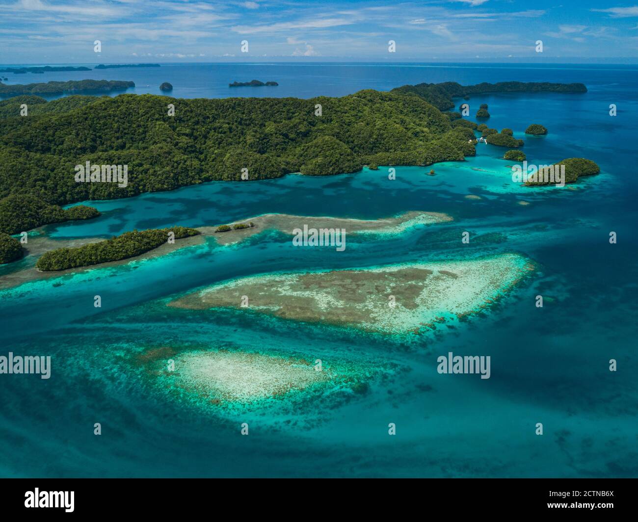 High aerial views of tropical islands and coral reefs in Palau Stock Photo