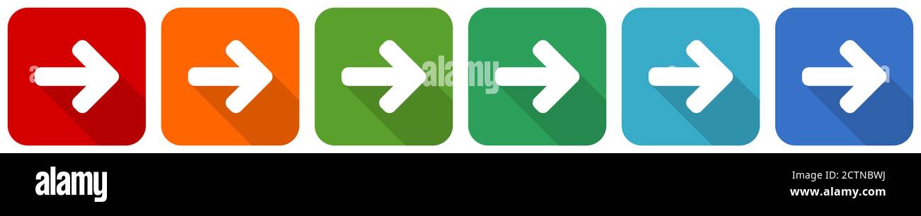 Right arrow, next icon set, flat design vector illustration in 6 colors ...