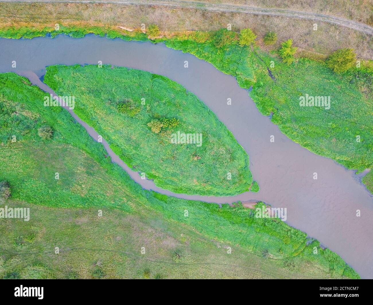 Top down view of small island on a river surrounding by pastures and meadows. Drone, aerial view Stock Photo