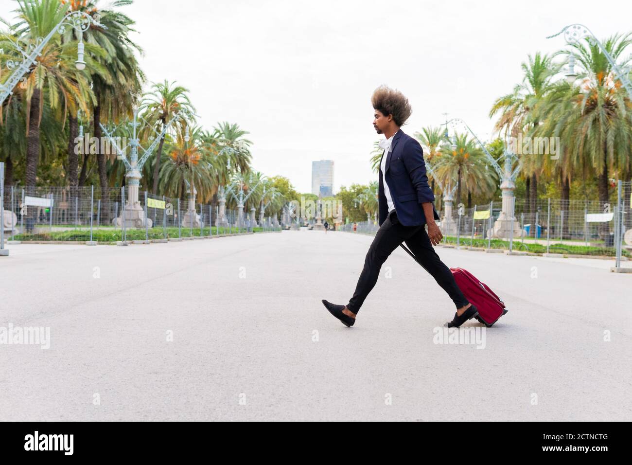 Side view of a young black man in a suit dragging a wheeled suitcase down the street on a tree-lined avenue Stock Photo