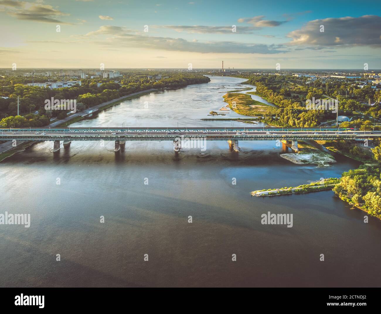 Large river that flow through big city. Drone, aerial view Stock Photo