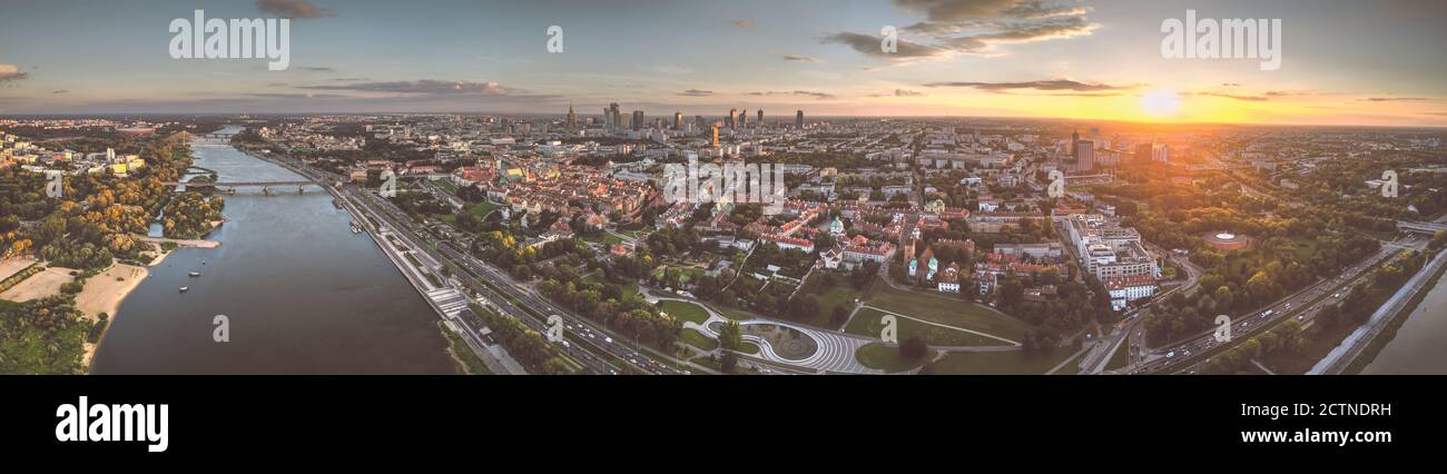 Panoramic view on a large, capital city located on the river. Drone, aerial view Stock Photo