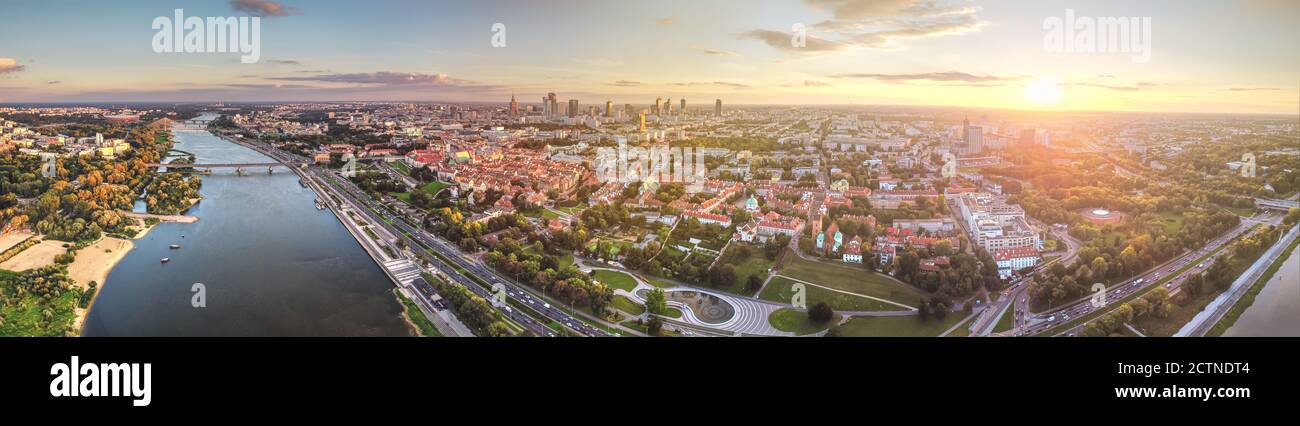 Panoramic view on a large, capital city located on the river. Drone, aerial view Stock Photo