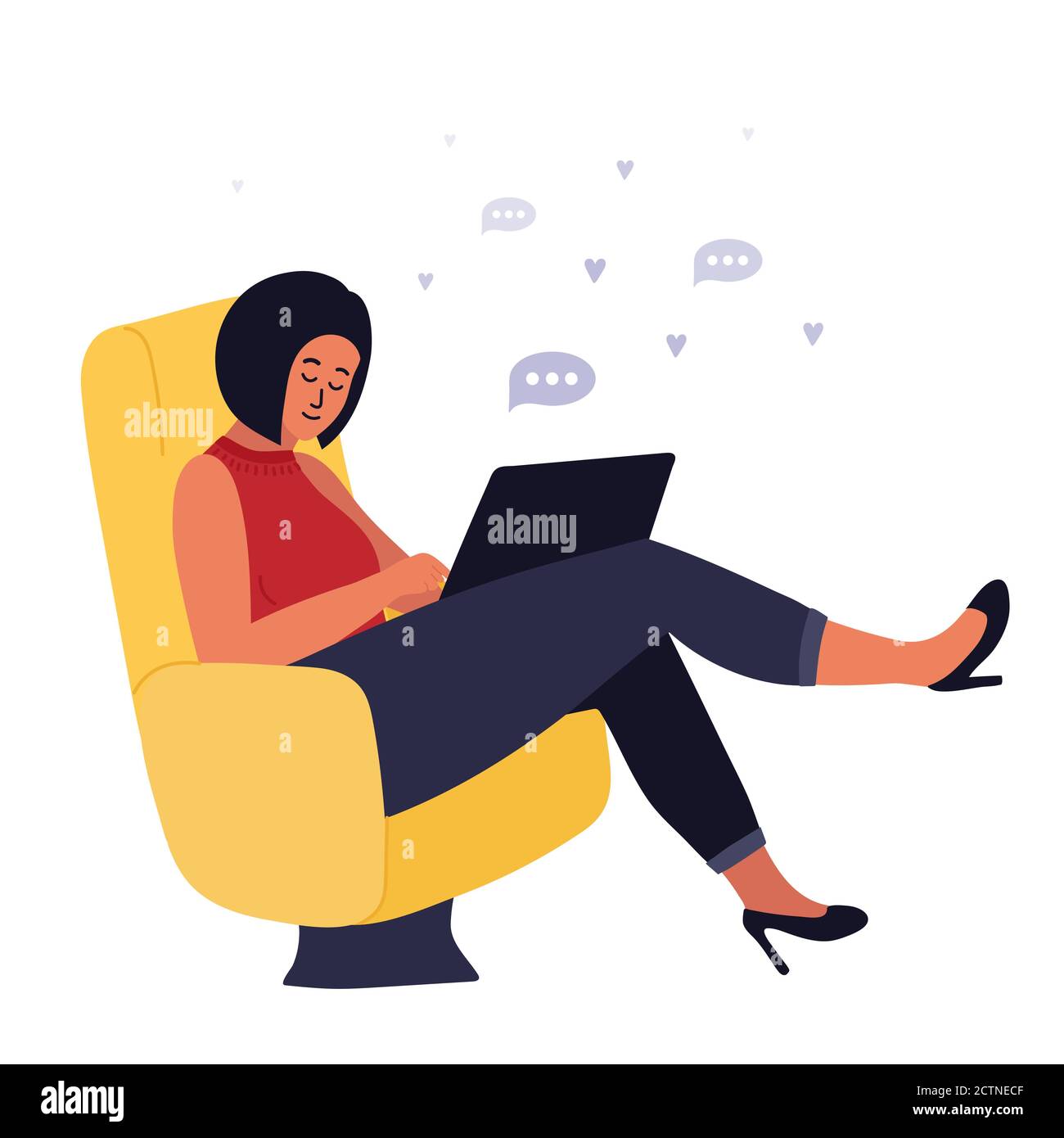 young brunette woman sits in soft chair and works with laptop. Concept of online courses, e-learning, taking lesson, remote work. Blogging. Cartoon Stock Vector