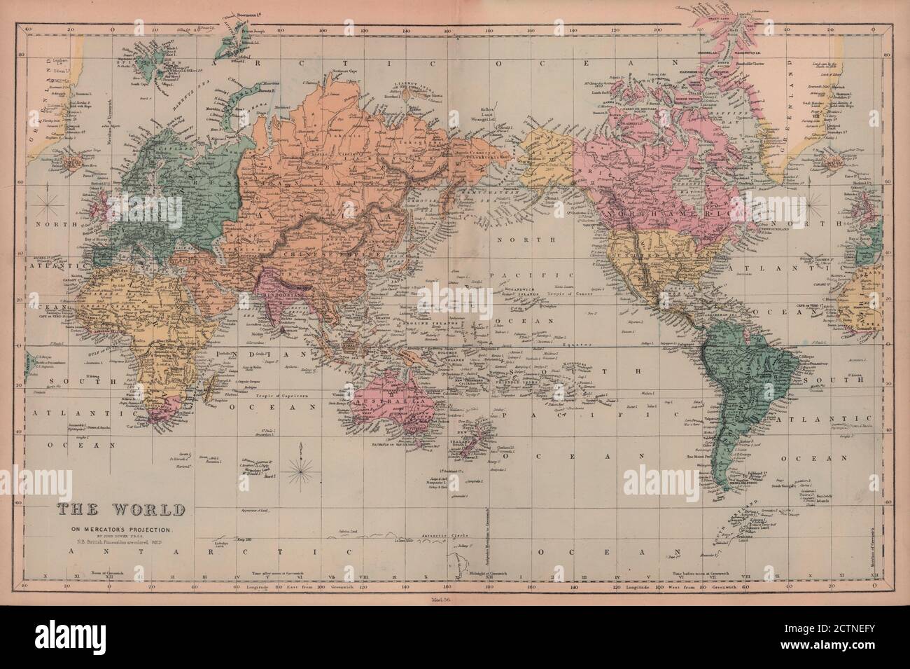 Pink Map British Empire World On Mercator's Projection By John Dower. British Empire In Pink 1876  Map Stock Photo - Alamy