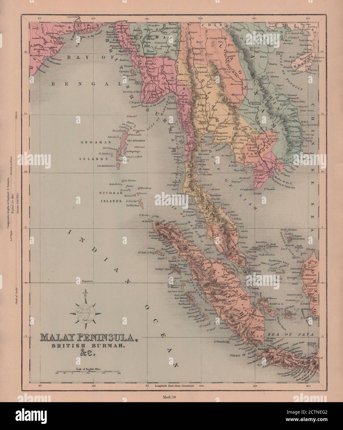 Malay Peninsula, British Burmah. Siam Sumatra Indochina Annam. HUGHES 1876 map Stock Photo