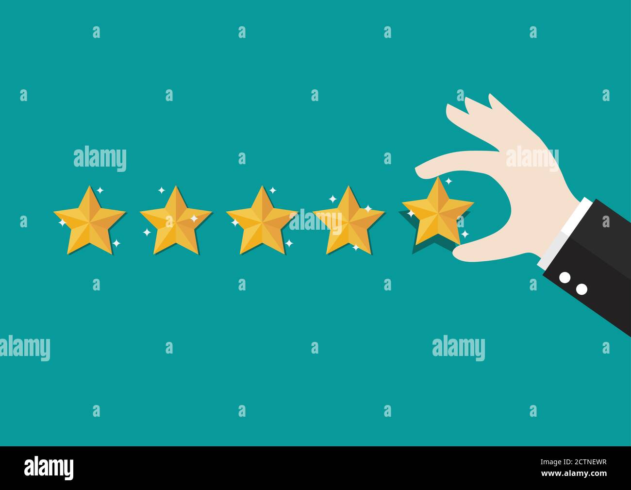 Businessman hand giving five star rating. Feedback with satisfaction rating. Vector illustration Stock Vector