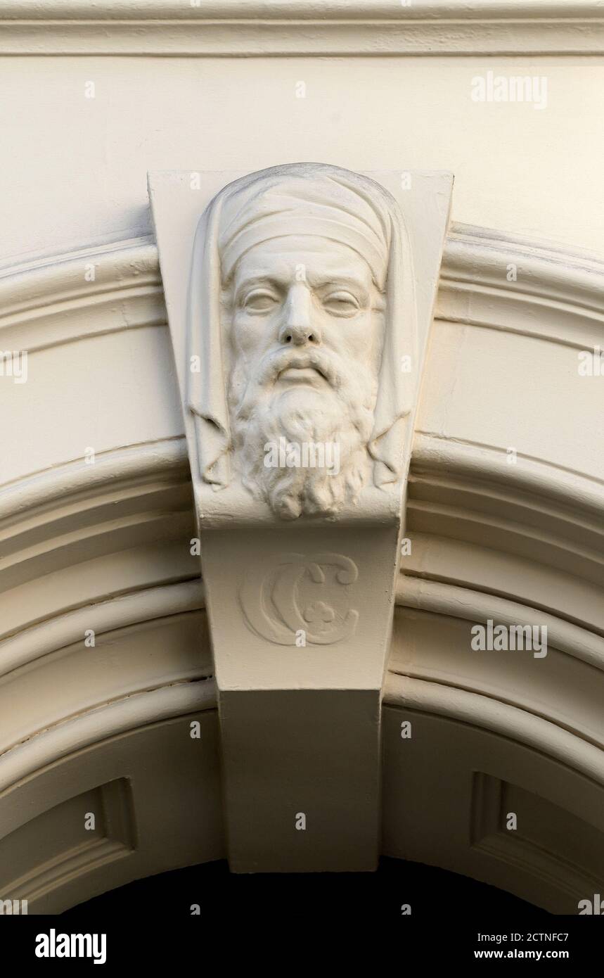 London, England, UK. Keystone carved with a human face at 115 Chancery Lane, now Cigalon Restaurant. Stock Photo