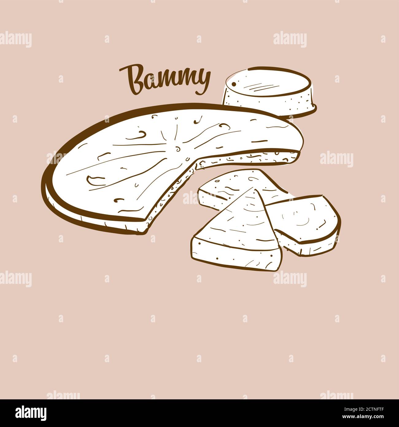 Hand-drawn Bammy bread illustration. Flatbread, usually known in Jamaica. Vector drawing series. Stock Vector