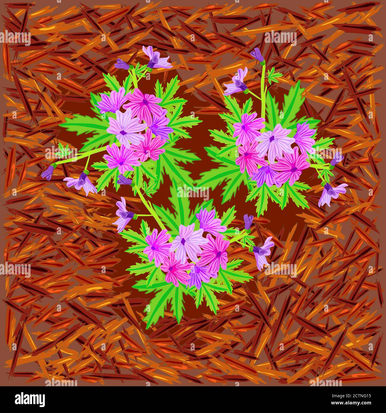 Red mulch and flowers. Bright mulch for flower beds using natural pine