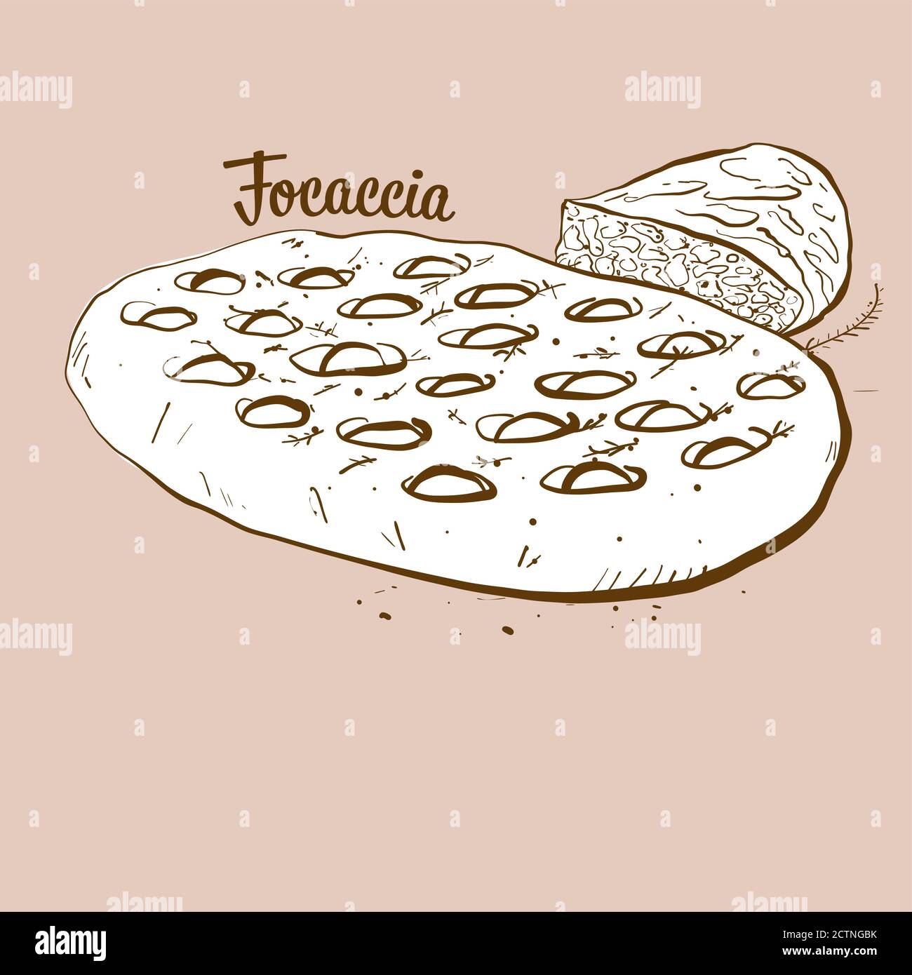 Handdrawn Focaccia bread illustration. Yeast bread, usually known in