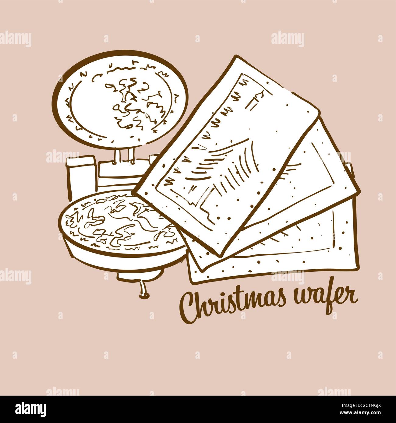 Hand-drawn Christmas wafer bread illustration. Crispy bread, usually known in Eastern Europe. Vector drawing series. Stock Vector