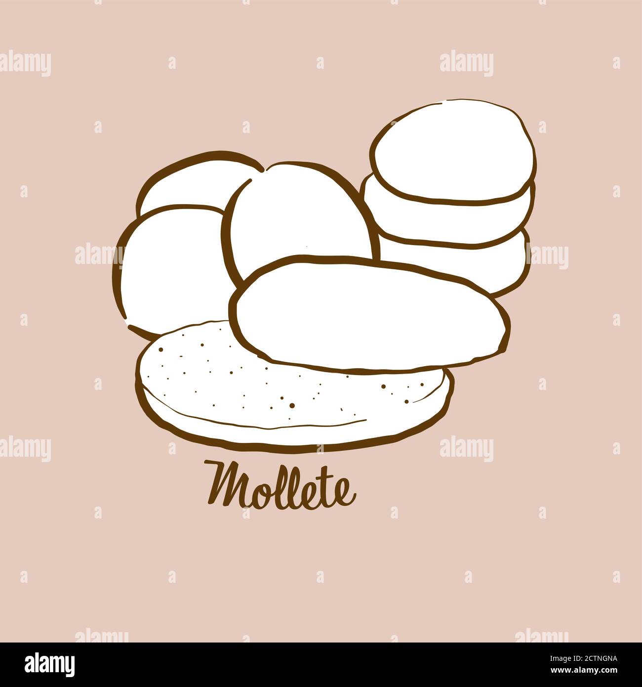 Hand-drawn Mollete bread illustration. Flatbread, White, usually known in Andalusia, Spain. Vector drawing series. Stock Vector