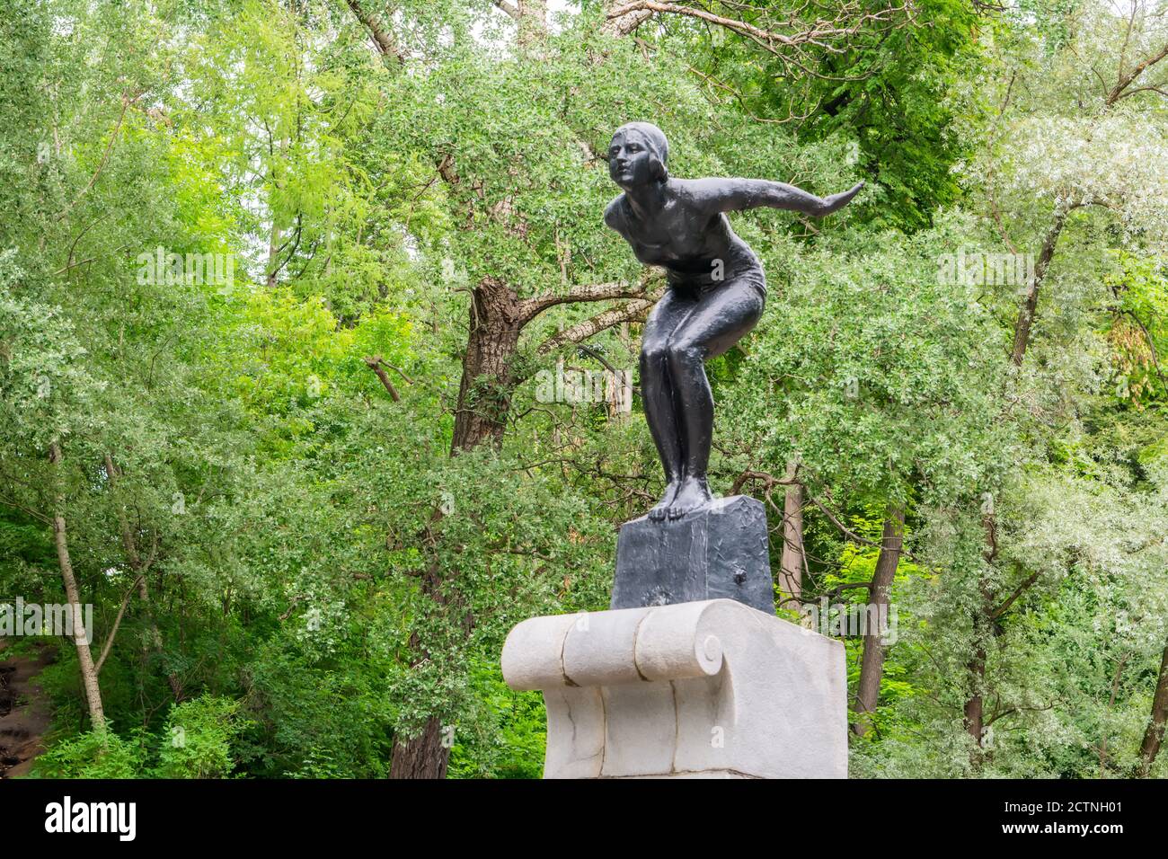 Moscow, Russia – July 4, 2017. Diver sculpture in Vorobyovy Gory nature preserve in Moscow, Russia. The sculpture is by R. Iodko and dates from 1937. Stock Photo