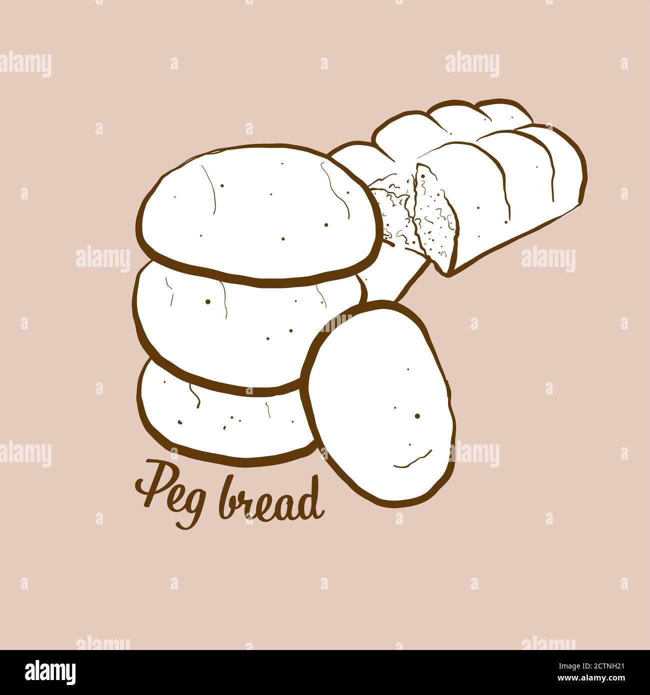 Hand-drawn Peg bread bread illustration. Leavened, lobed loaf, usually known in Jamaica. Vector drawing series. Stock Vector