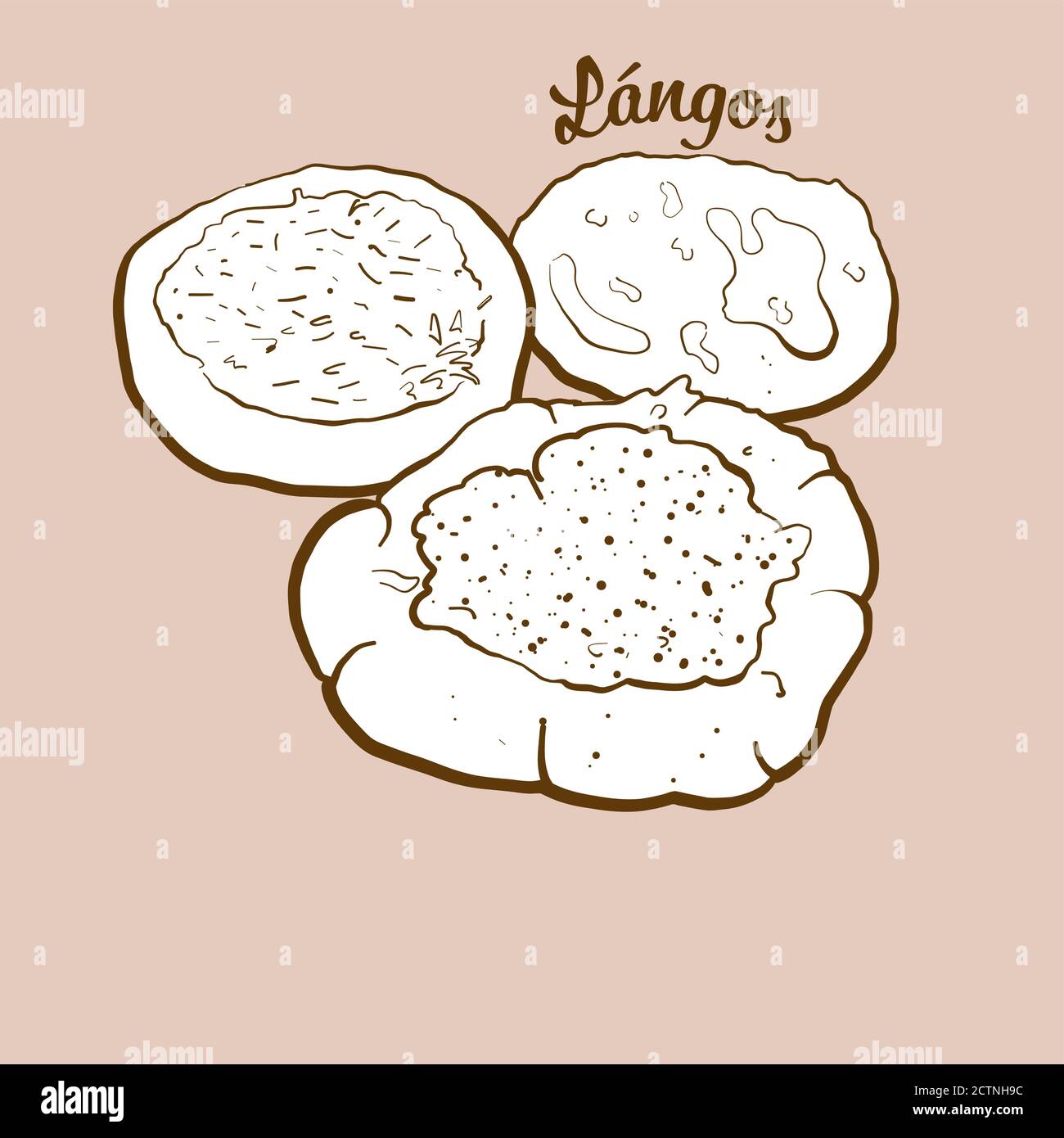Hand-drawn Lángos bread illustration. Yeast bread, usually known in Hungary, Austria. Vector drawing series. Stock Vector