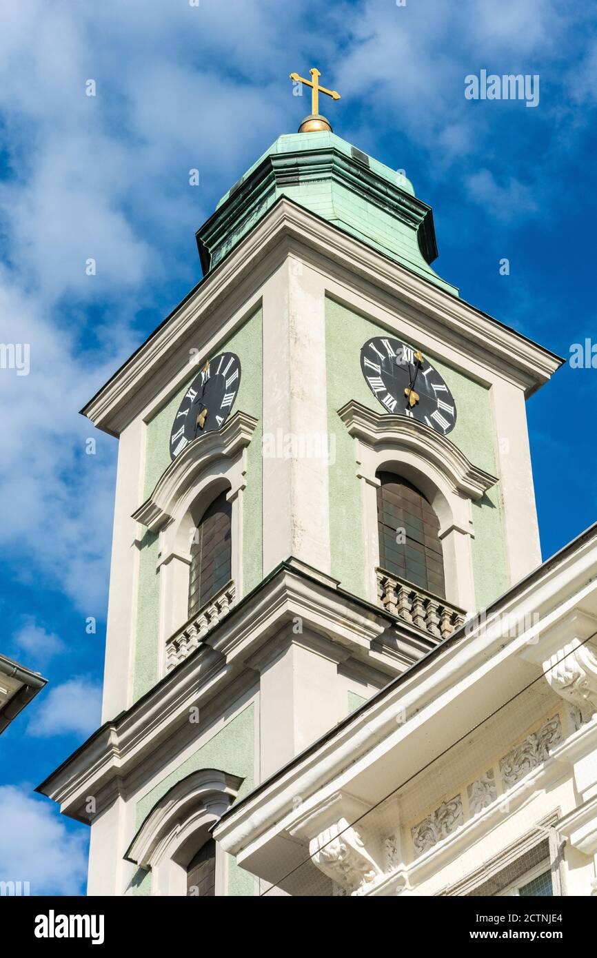 Linz, Austria – May 25, 2017. Tower of Alter Dom church in Linz, with an onion dome. Stock Photo