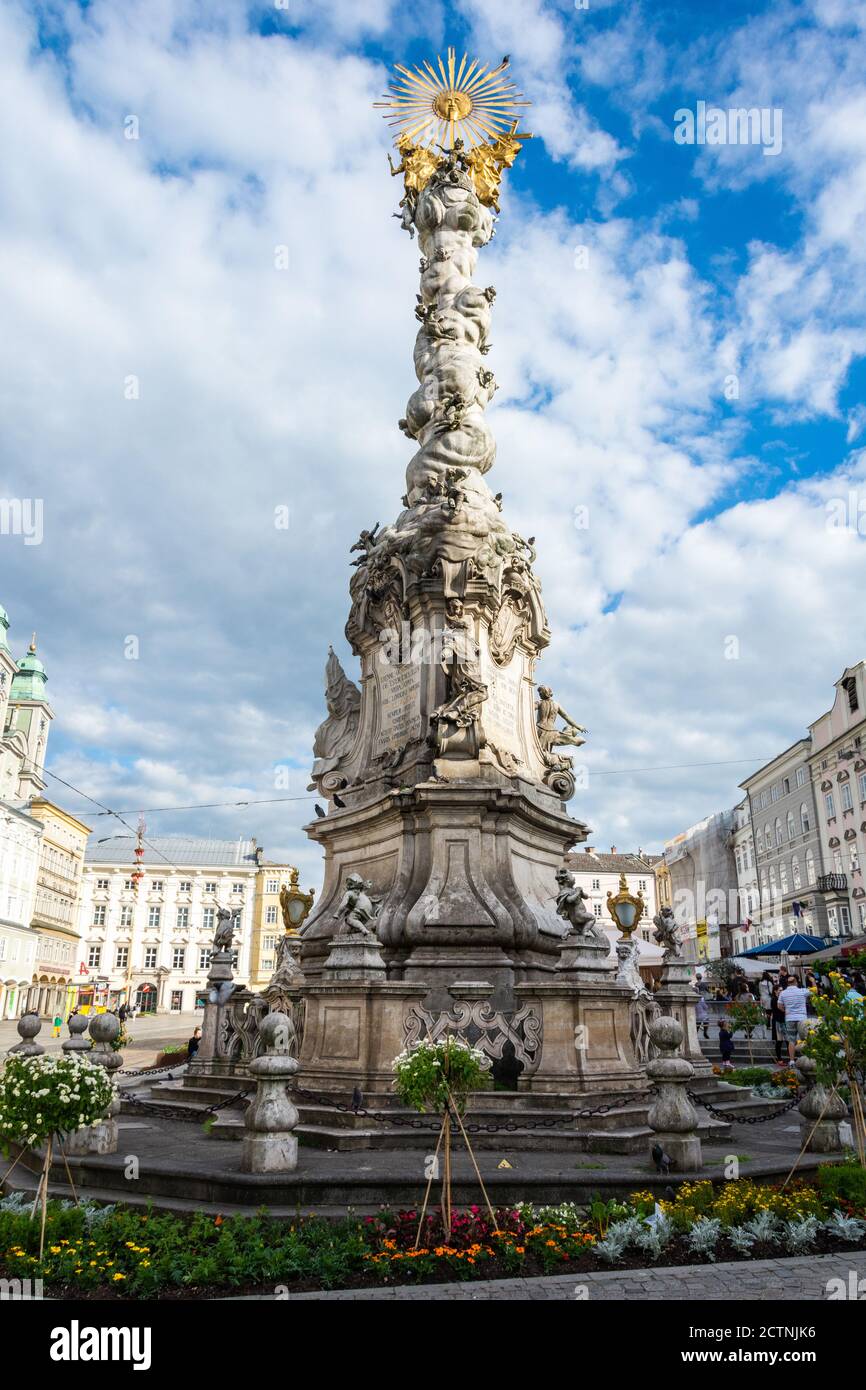Linz, Austria – May 25, 2017. Dreifaltigkeitssaule column (Trinity Column) on Hauptplatz square in Linz. Stock Photo