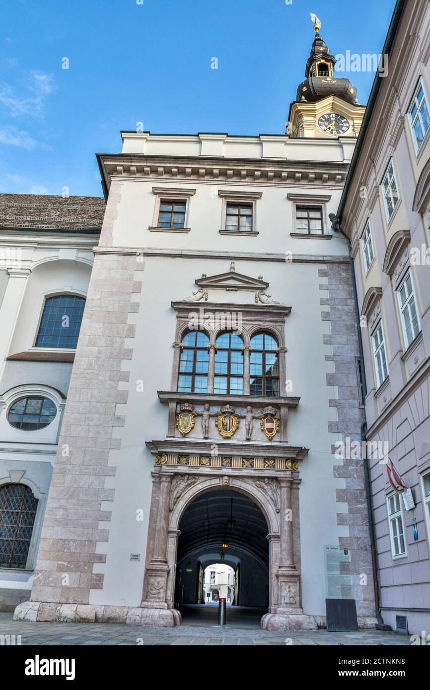 Linz, Austria – May 25, 2017. Entrance to Landhaus building in Linz. The Renaissance building is now the seat of Upper Austrian parliament Stock Photo