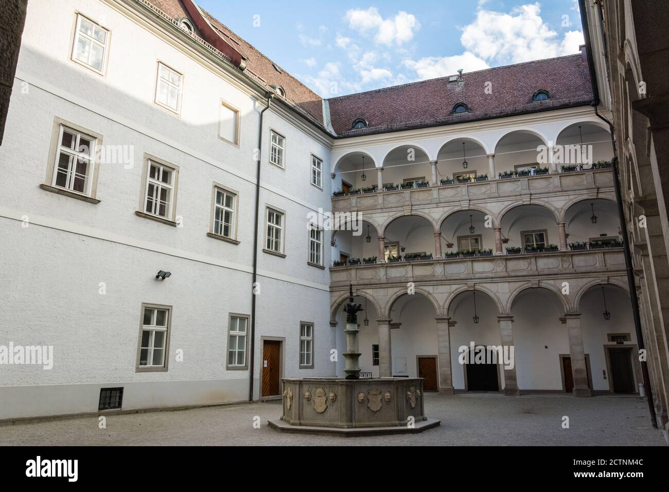 Linz, Austria – May 25, 2017. Courtyard of Landhaus building in Linz, with the bronze Planet Fountain. Stock Photo