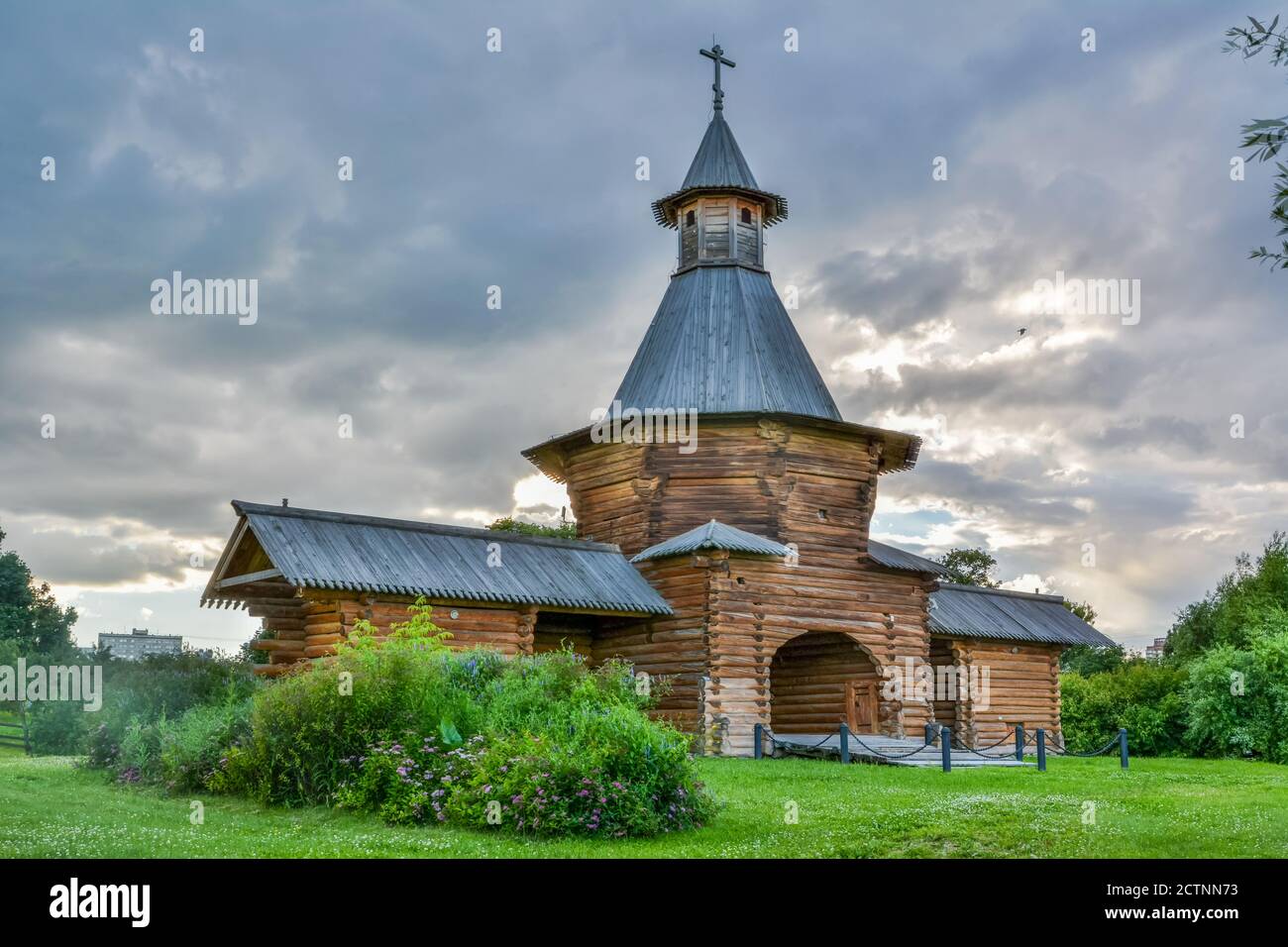 Moscow, Russia – July 6, 2017. Wooden gate-tower of St Nicholas Monastery from Karelia, now at the Kolomenskoe museum-reserve in Moscow. The gate date Stock Photo