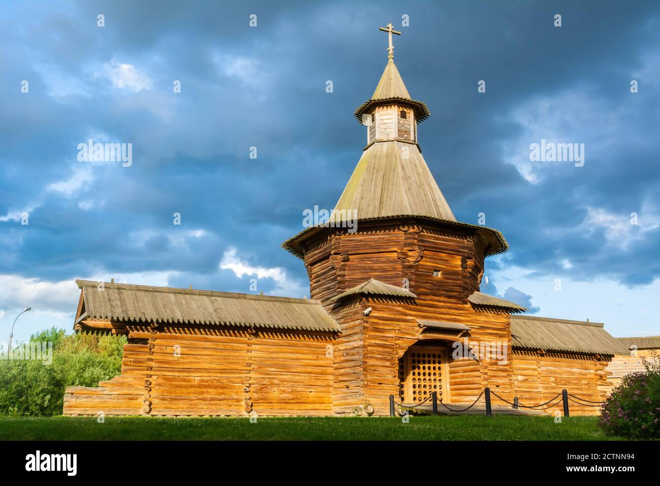 Moscow, Russia – July 6, 2017. Wooden gate-tower of St Nicholas Monastery from Karelia, now at the Kolomenskoe museum-reserve in Moscow. Stock Photo
