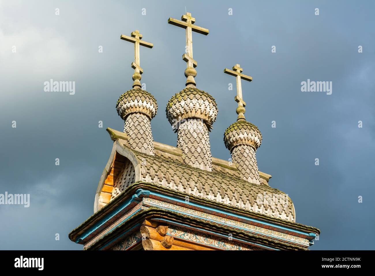 Moscow, Russia – July 6, 2017. Crosses and onion domes of wooden St. George Church at Kolomenskoe museum-reserve in Moscow. Stock Photo