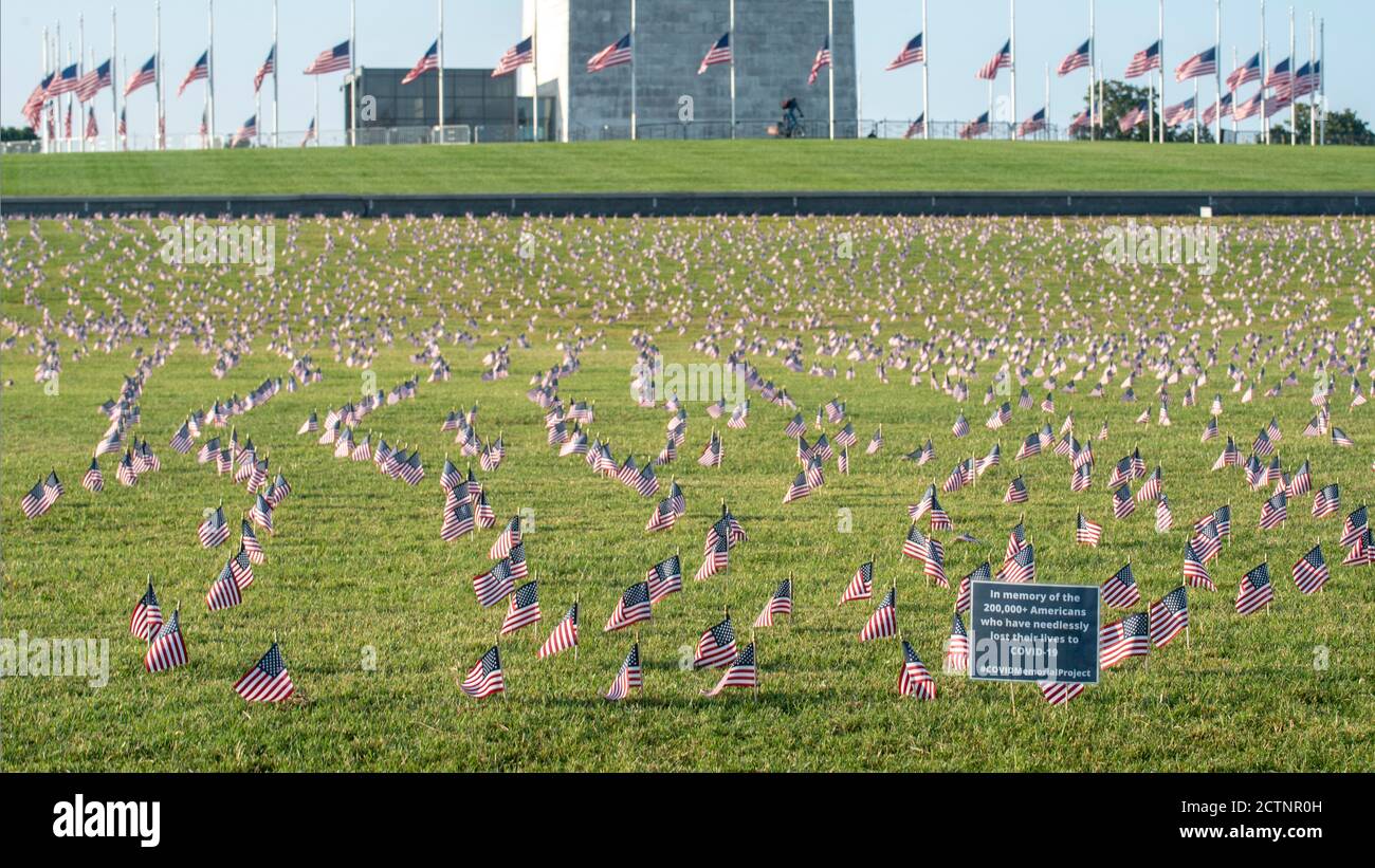 Thousands of small American flags honor the 200,000+ covid-19 deaths to date in the United States. On the National Mall in Washington, DC, September 2 Stock Photo