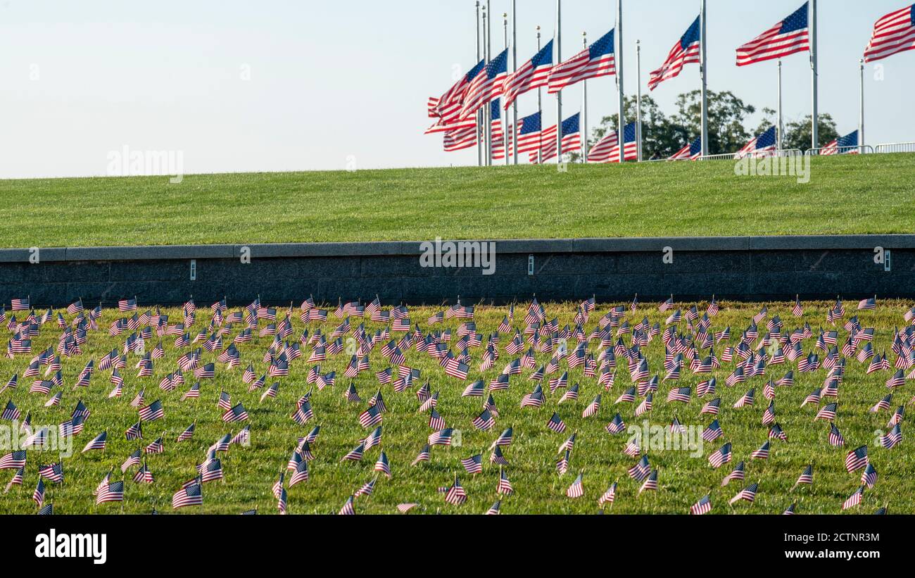 Thousands of small American flags honor the 200,000+ covid-19 deaths to date in the United States. On the National Mall in Washington, DC, September 2 Stock Photo