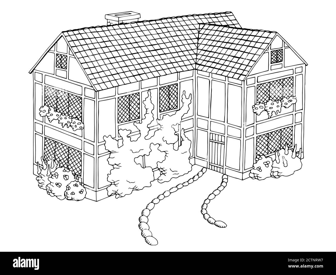 Village house graphic art black white landscape illustration vector Stock Vector