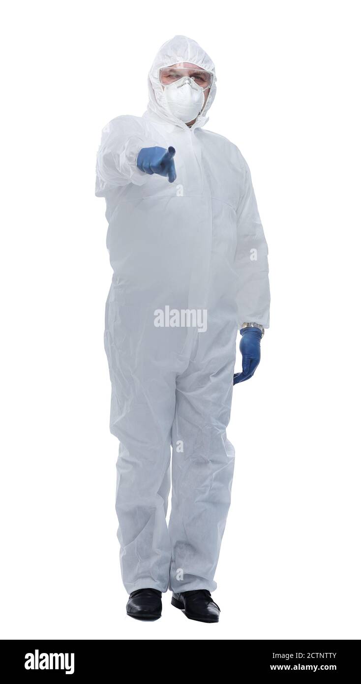 full length . doctor in biological protective suit showing thumbs up Stock Photo