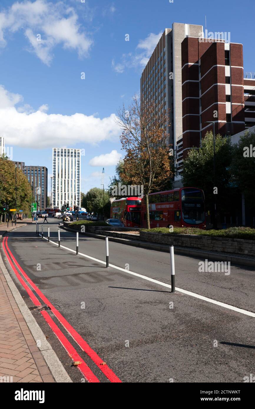 A new cycle lane created in Molesworth Street on the A21,  as part of an emergency scheme to  improve walking & cycling during the Covid Pandemic. Stock Photo