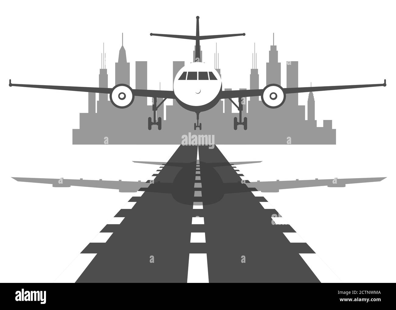 Passenger plane fly up over take-off runway from airport at sunset. Flat design illustration. Stock Vector