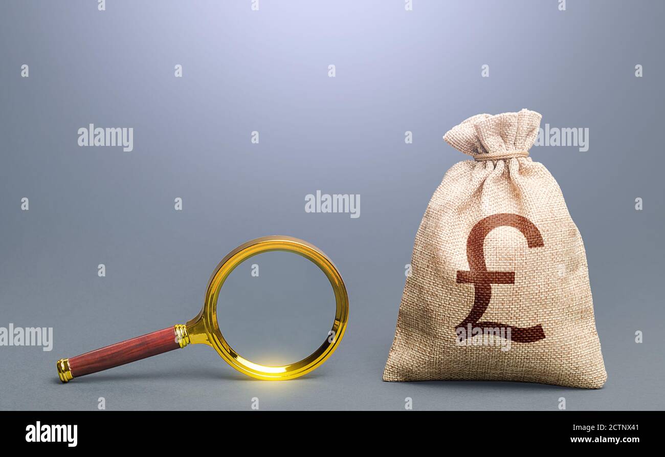 British pound sterling money bag and magnifying glass. Most favorable conditions for deposits, loans. Financial audit. Origin of capital and legality Stock Photo