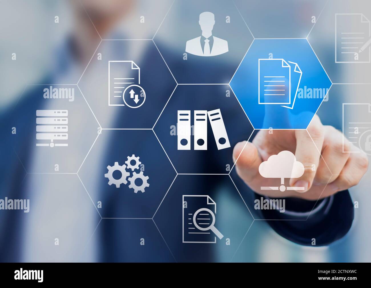 Document Management System (DMS) used to store, search and manage review process and users for corporate files and information in enterprise. Concept Stock Photo