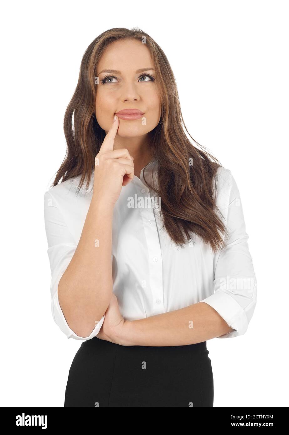 Young woman thinking, white background Stock Photo - Alamy