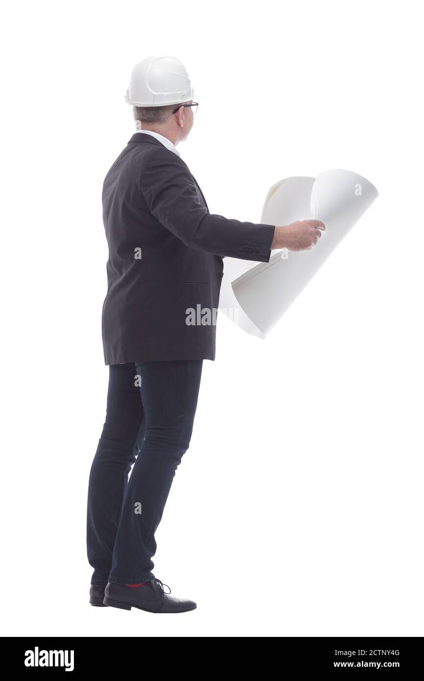 side view. experienced architect carefully reading the new drawi Stock Photo